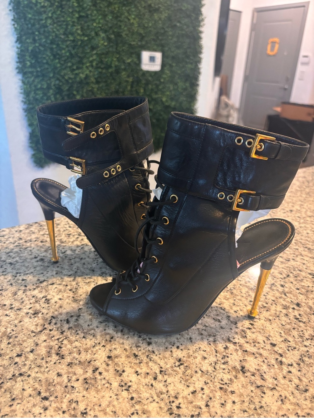 Authentic Tom Ford Black Leather Lace-Up Open-Toe Ankle Boots with Gold Heel